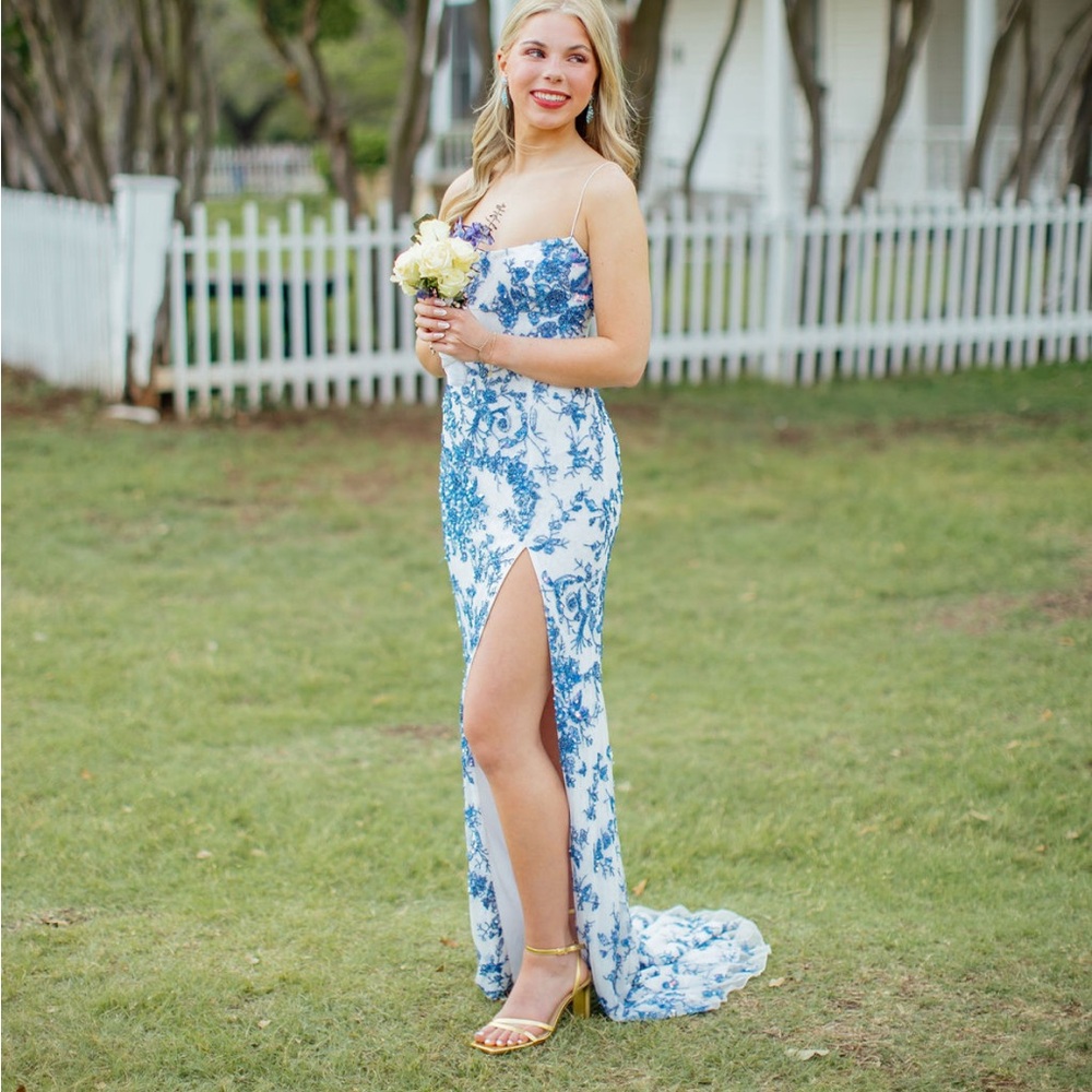 Sherri Hill Beaded long ivory and blue Floral Gown.#promdress